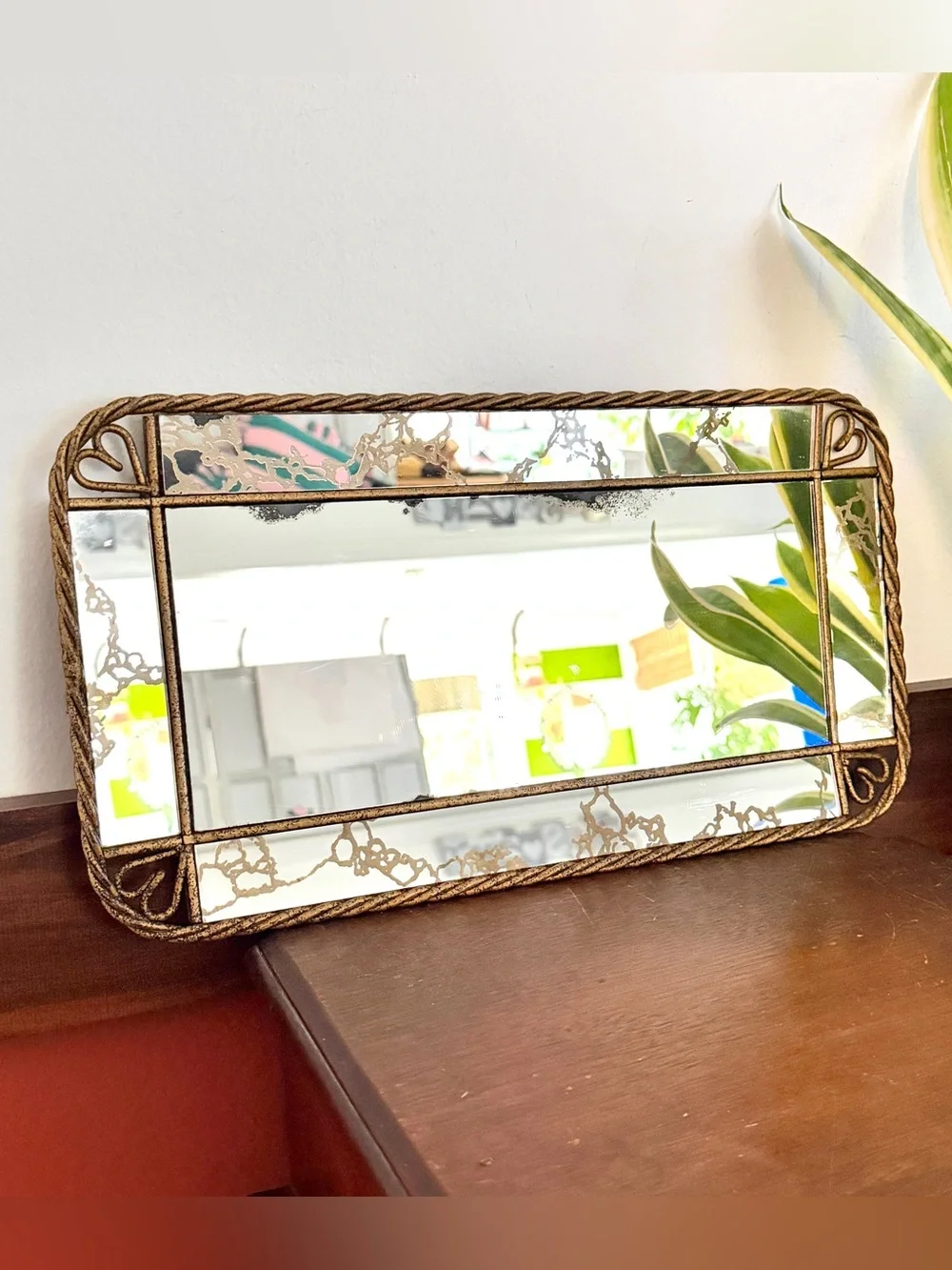 Rectangle Mirror Wall Hanging Vanity Tray 1960’s Vintage Metal Twist Frame Heart